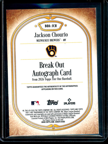 2026 Topps Tier One Jackson Chourio Break Out Autograph Blue /25 Brewers
