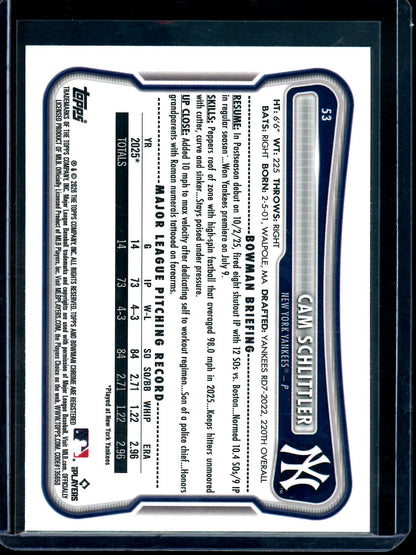 2026 Topps Bowman Chrome Cam Schlittler Red Rookie Refractor Yankees