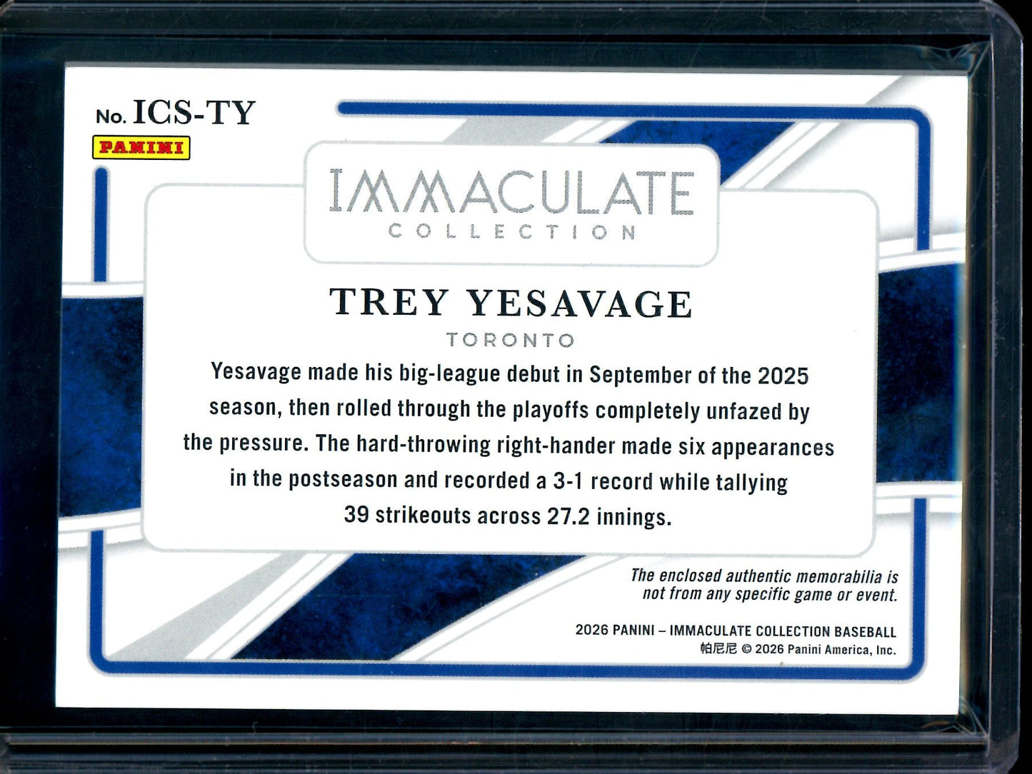 2026 Panini Immaculate Trey Yesavage Swatches Rookie /99 Blue Jays