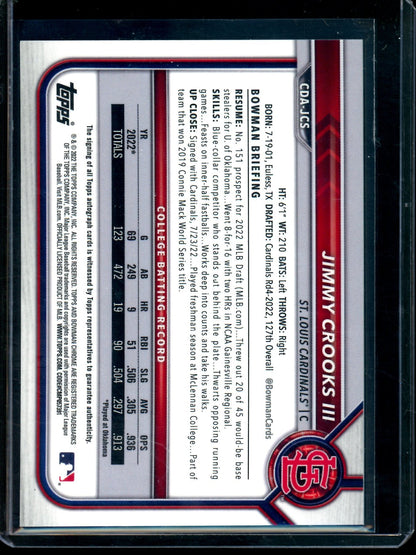 2022 Topps Bowman Chrome Jimmy Crooks III 1st Autograph Purple /250 Cardinals