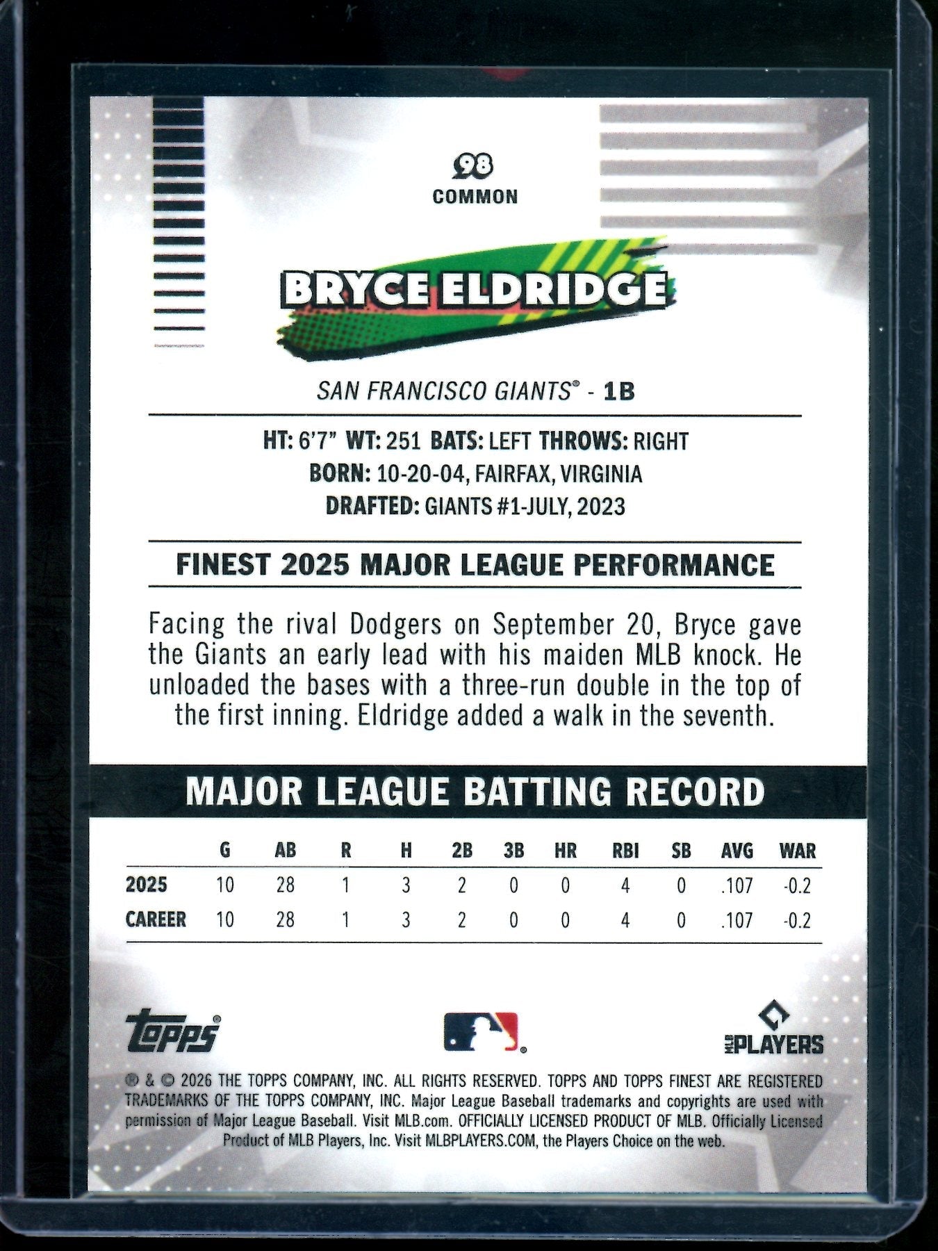 2026 Topps Finest Bryce Eldridge Purple Geometric Rookie /75 Giants