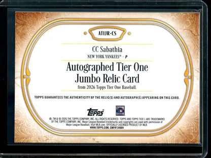2026 Topps Tier One CC Sabathia Patch Autograph /99 Yankees