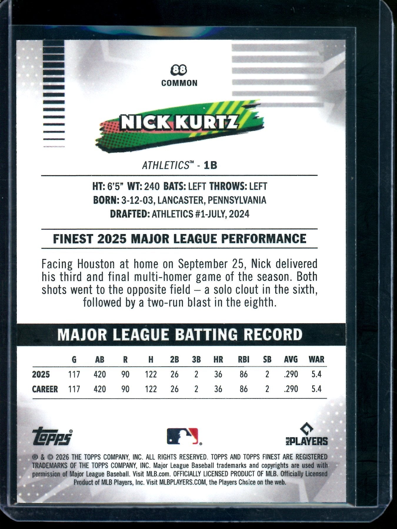2026 Topps Finest Nick Kurtz Purple Geometric Refractor /75 Athletics