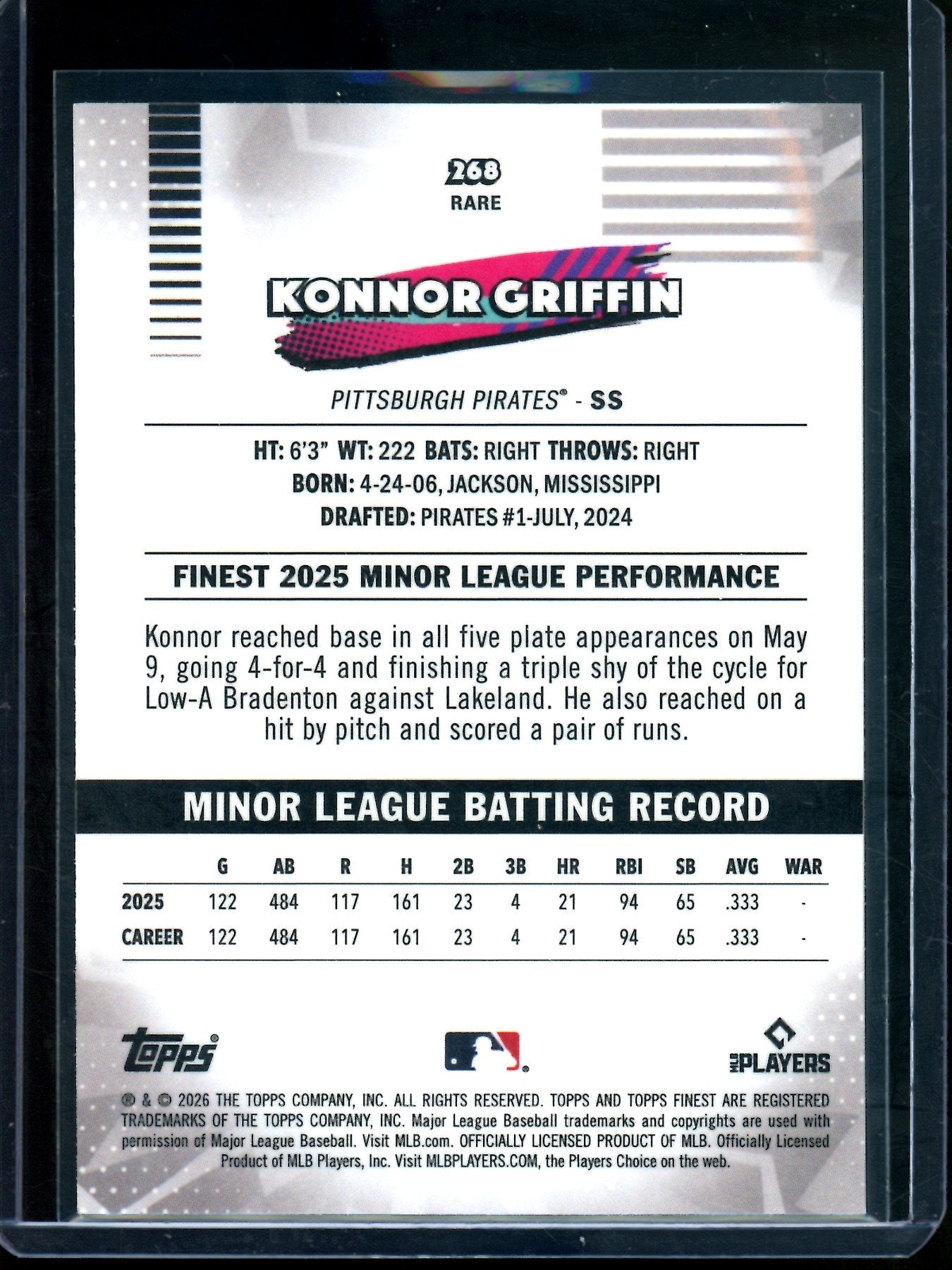 2026 Topps Finest Konnor Griffin Rare Pink Rookie /250 Pirates