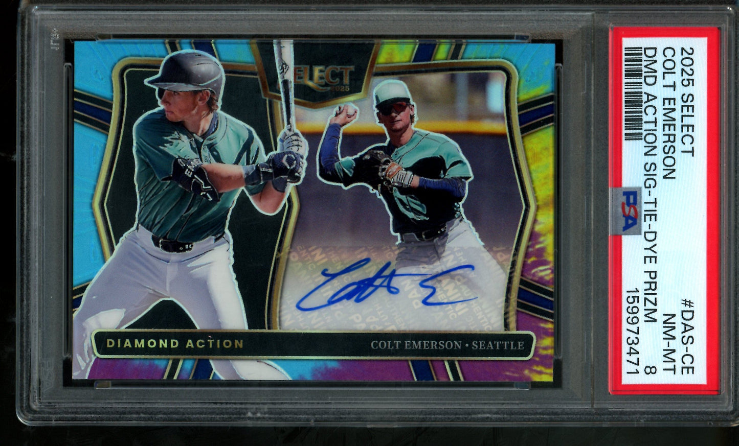 2025 Panini Select Colt Emerson Diamond Action Tie-Dye Autograph /25 PSA 8 Mariners