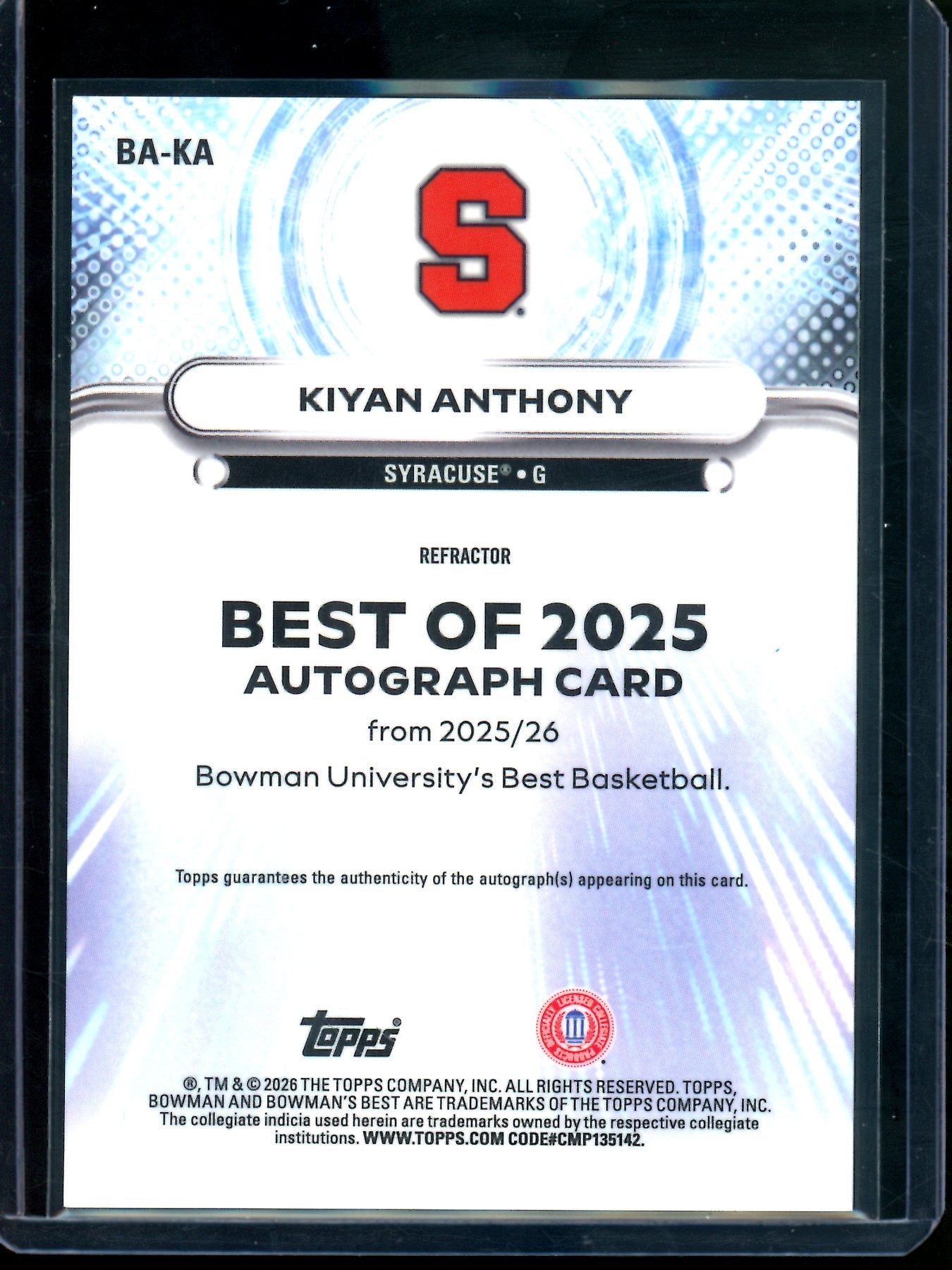 2026 Bowmans Best U Kiyan Anthony Best of 25' Autograph Refractor Syracuse