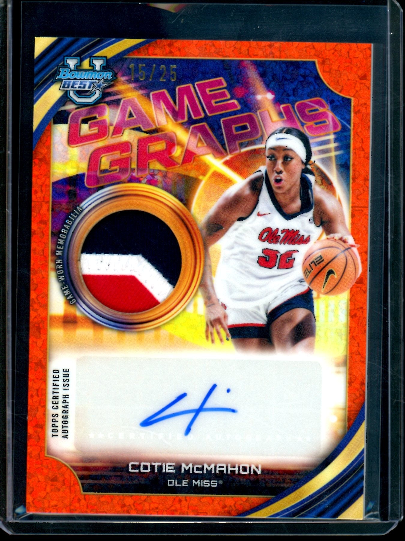 2026 Bowmans Best U Cotie McMahon Game Graphics Patch Autograph Orange /25 Ole Miss