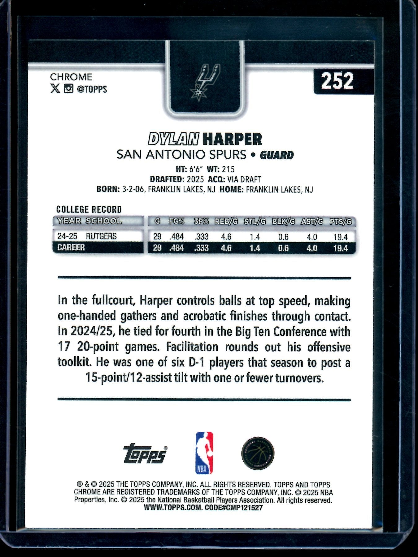 2025 Topps Chrome Dylan Harper X-Fractor Rookie Spurs