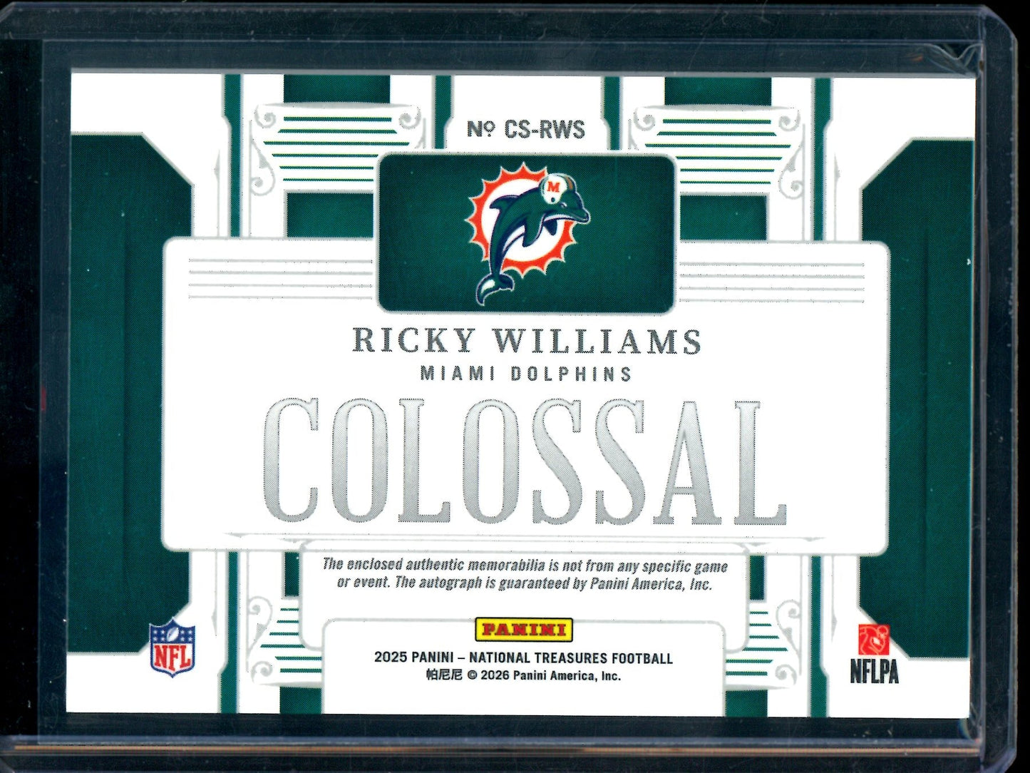2025 Topps National Treasures Ricky Williams Colossal Patch Autograph /25 Dolphins