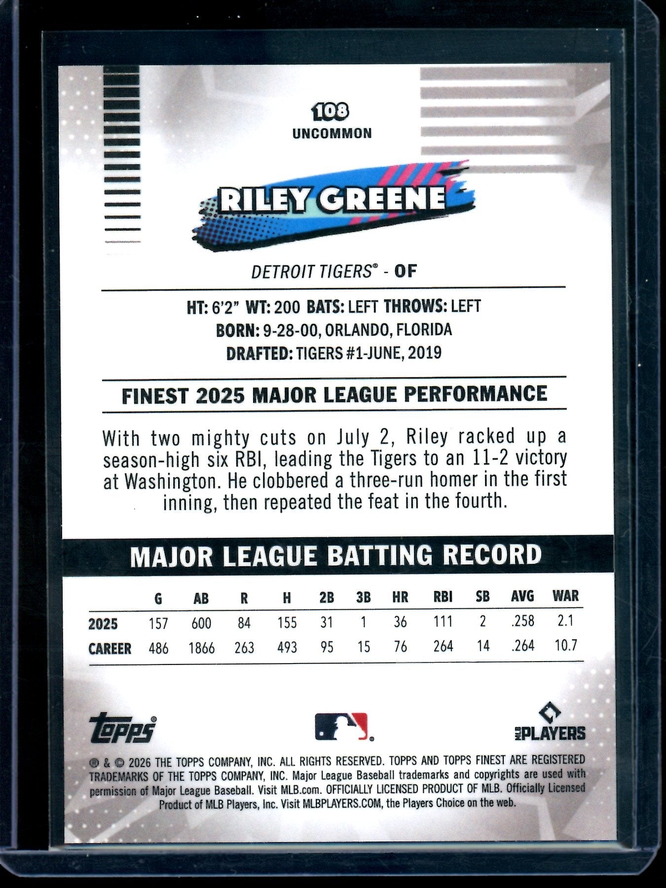 2026 Topps Finest Riley Greene Gold Refractor /50 Tigers