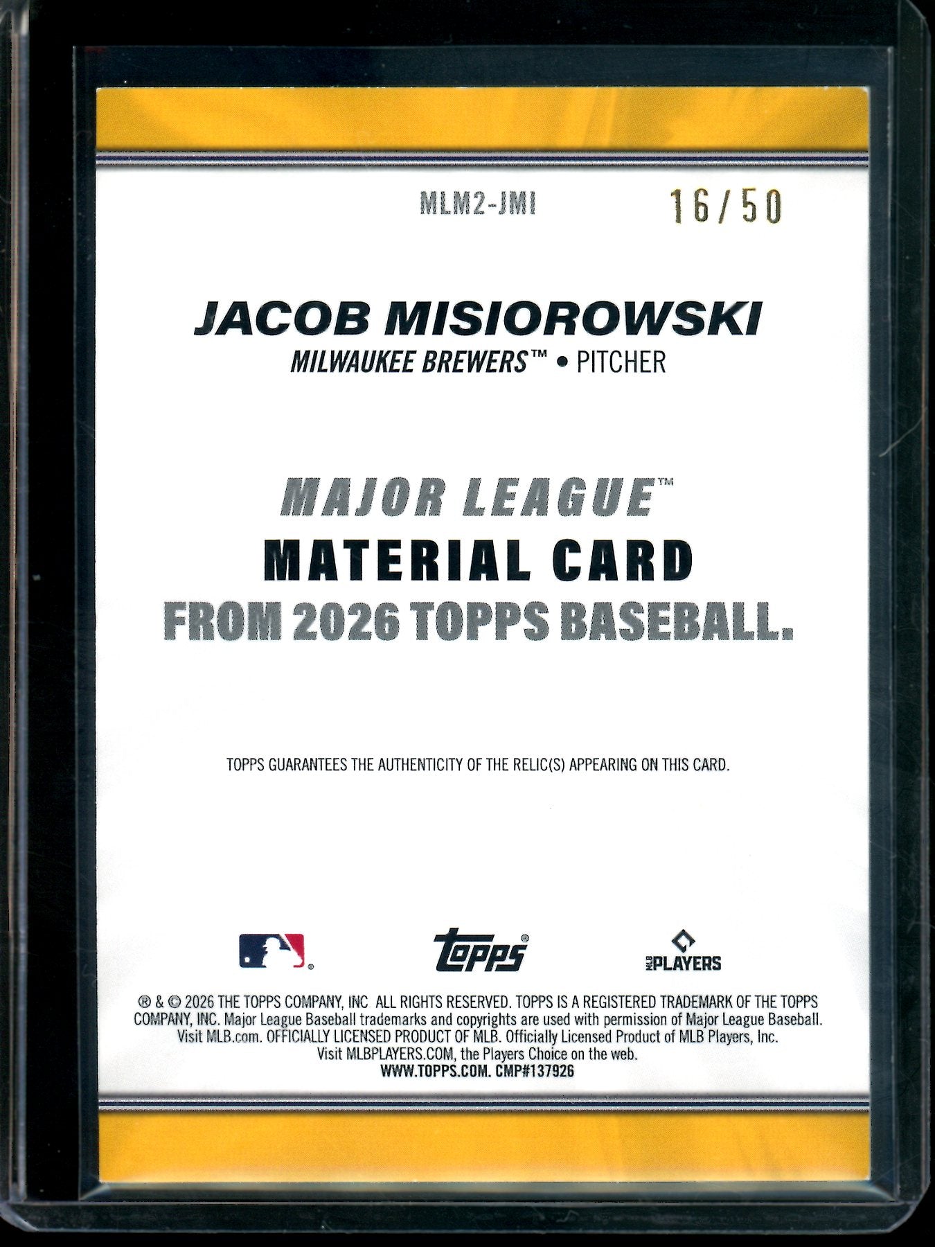 2026 Topps Series 2 Jacob Misiorowski Rookie Gold Memorabilia /50 Brewers