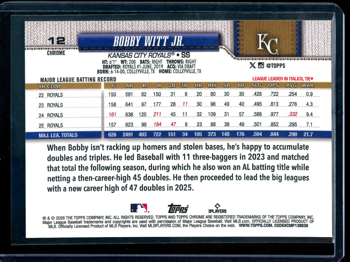 2026 Topps Chrome Bobby Witt Jr Orange Geometric Refractor /25 Royals