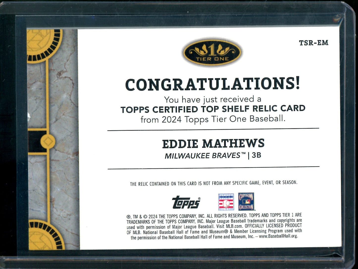 2024 Topps Tier One Eddie Mathews Bat Relic /10 Braves
