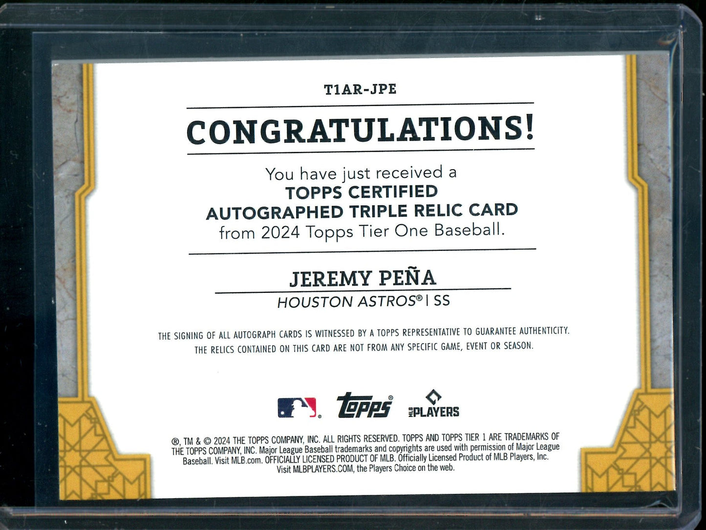 2024 Topps Tier One Jeremy Pena Triple Patch Autograph /49 Astros