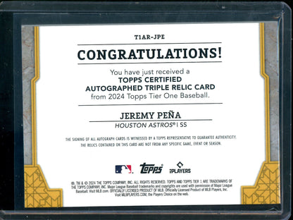 2024 Topps Tier One Jeremy Pena Triple Patch Autograph /49 Astros