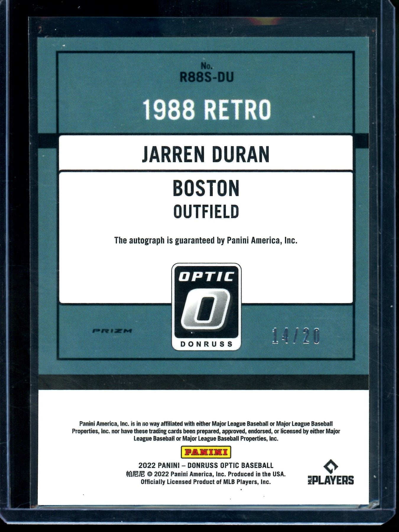 2022 Panini Donruss Jarren Duran Pandora Autograph /20 Red Sox