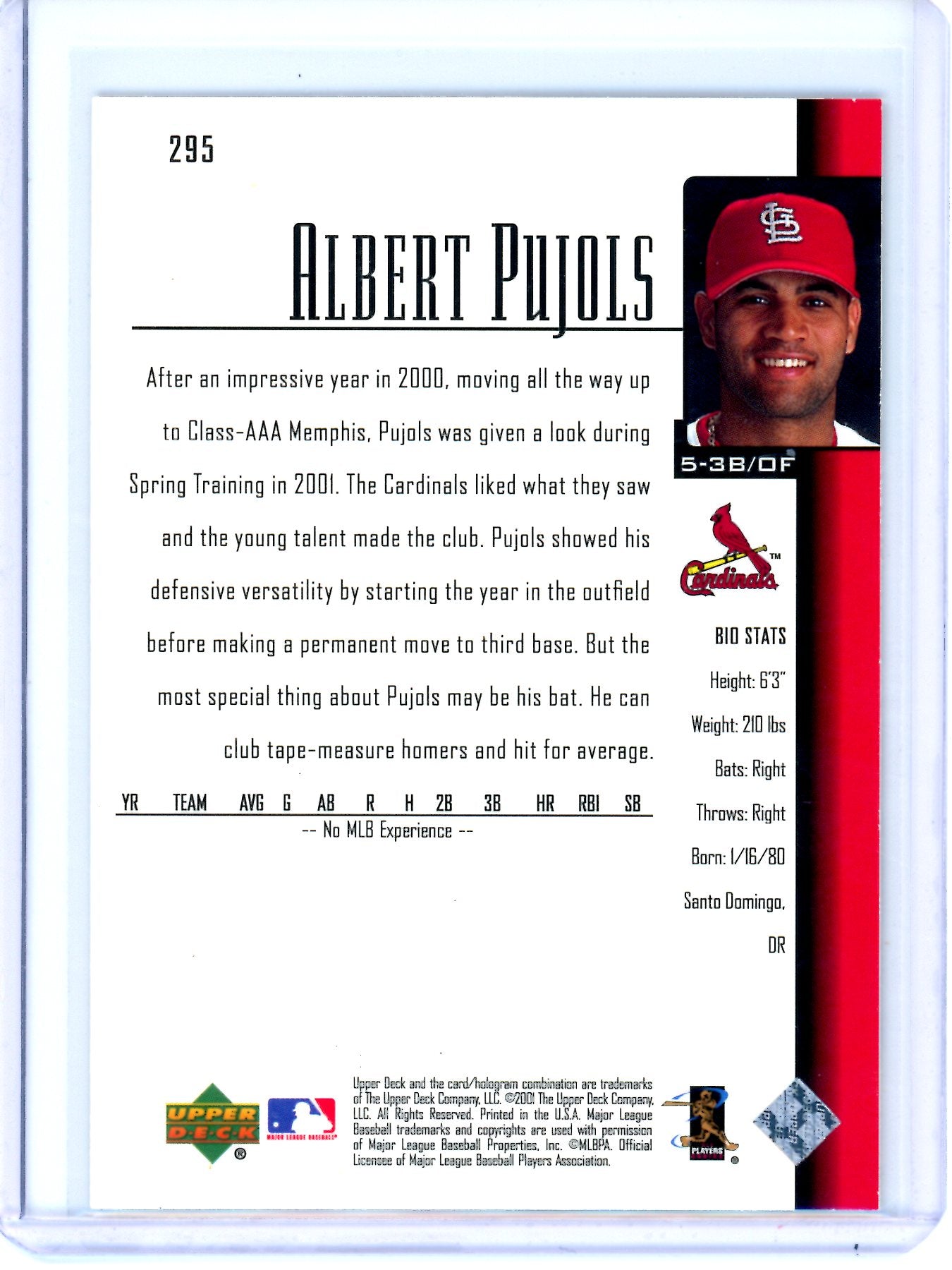 2001 Upper Deck Albert Pujols Rookie Card Cardinals