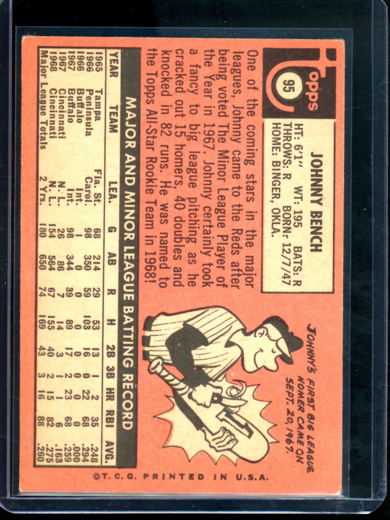 1969 Topps Johnny Bench Rookie Card #95 Reds