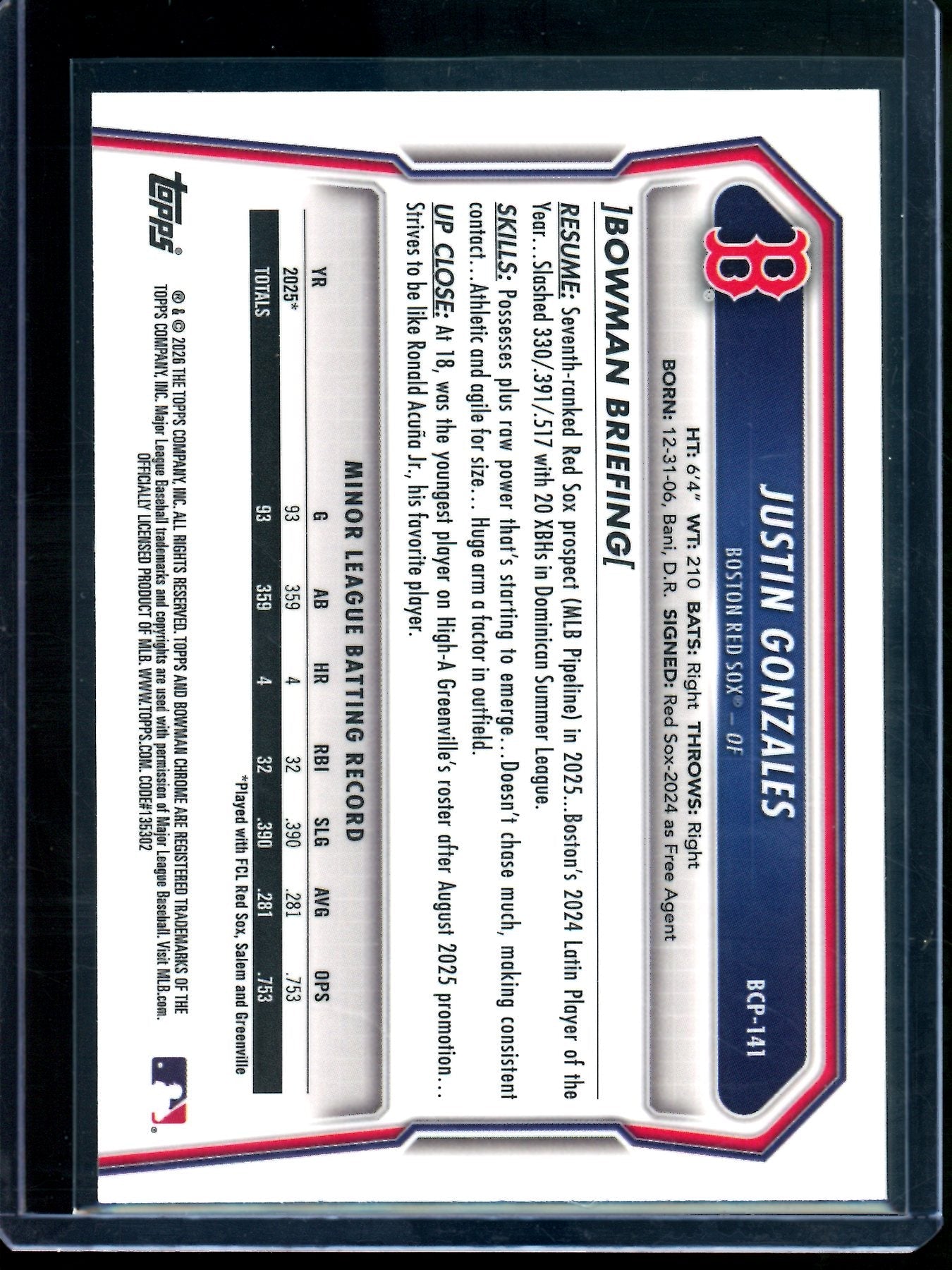 2026 Bowman Chrome Justin Gonzales 1st Blue Refractor /150 Red Sox