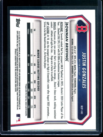 2026 Bowman Chrome Justin Gonzales 1st Blue Refractor /150 Red Sox