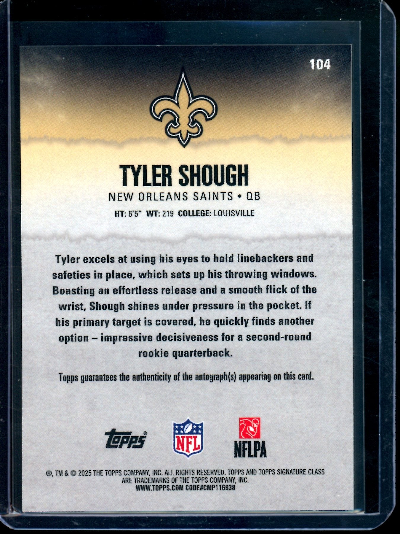 2025 Topps Signature Class Tyler Shough Refractor Rookie Autograph Saints