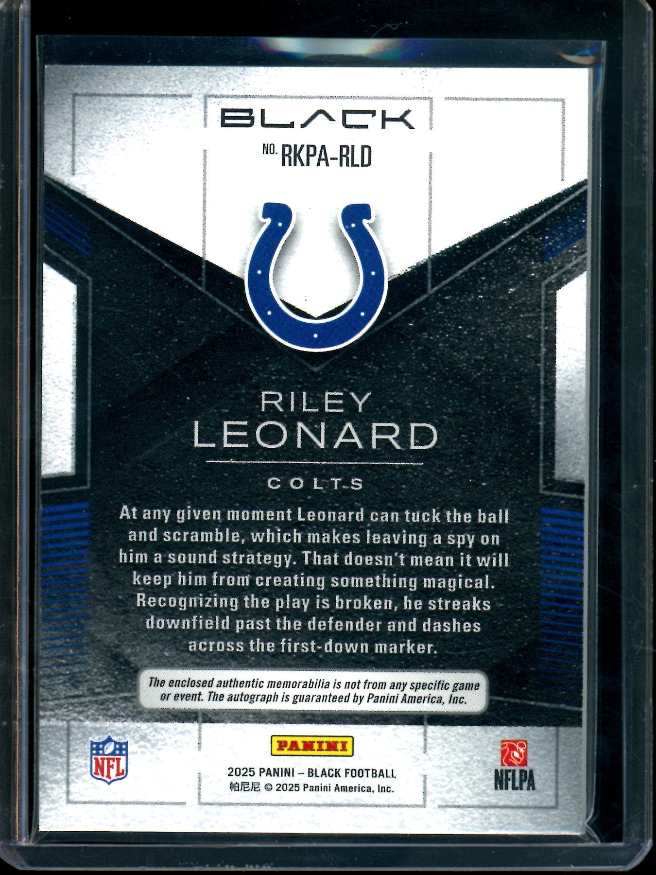 2025 Panini Black Riley Leonard Rookie Patch Autograph Silver Ink /99 Colts