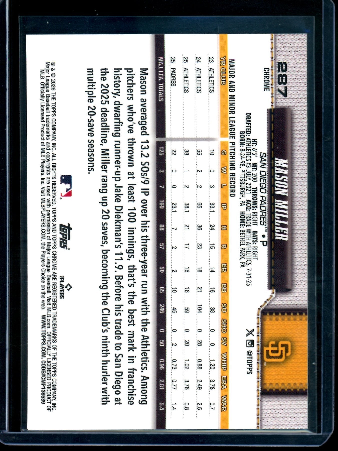 2026 Topps Chrome Mason Miller White Refractor /30 Padres