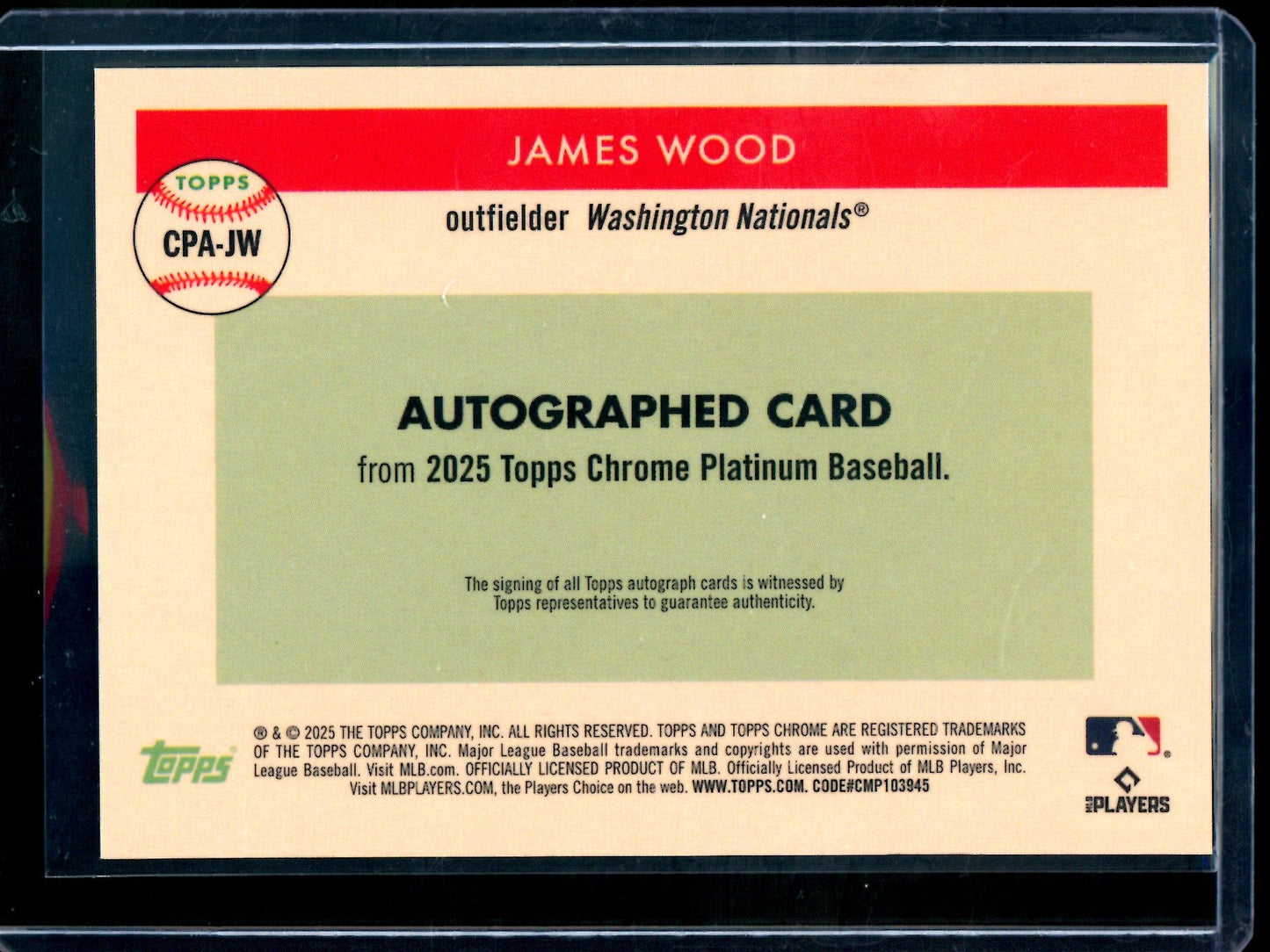 2025 Topps Platinum James Wood Blue Prism Rookie Autograph /99 Nationals