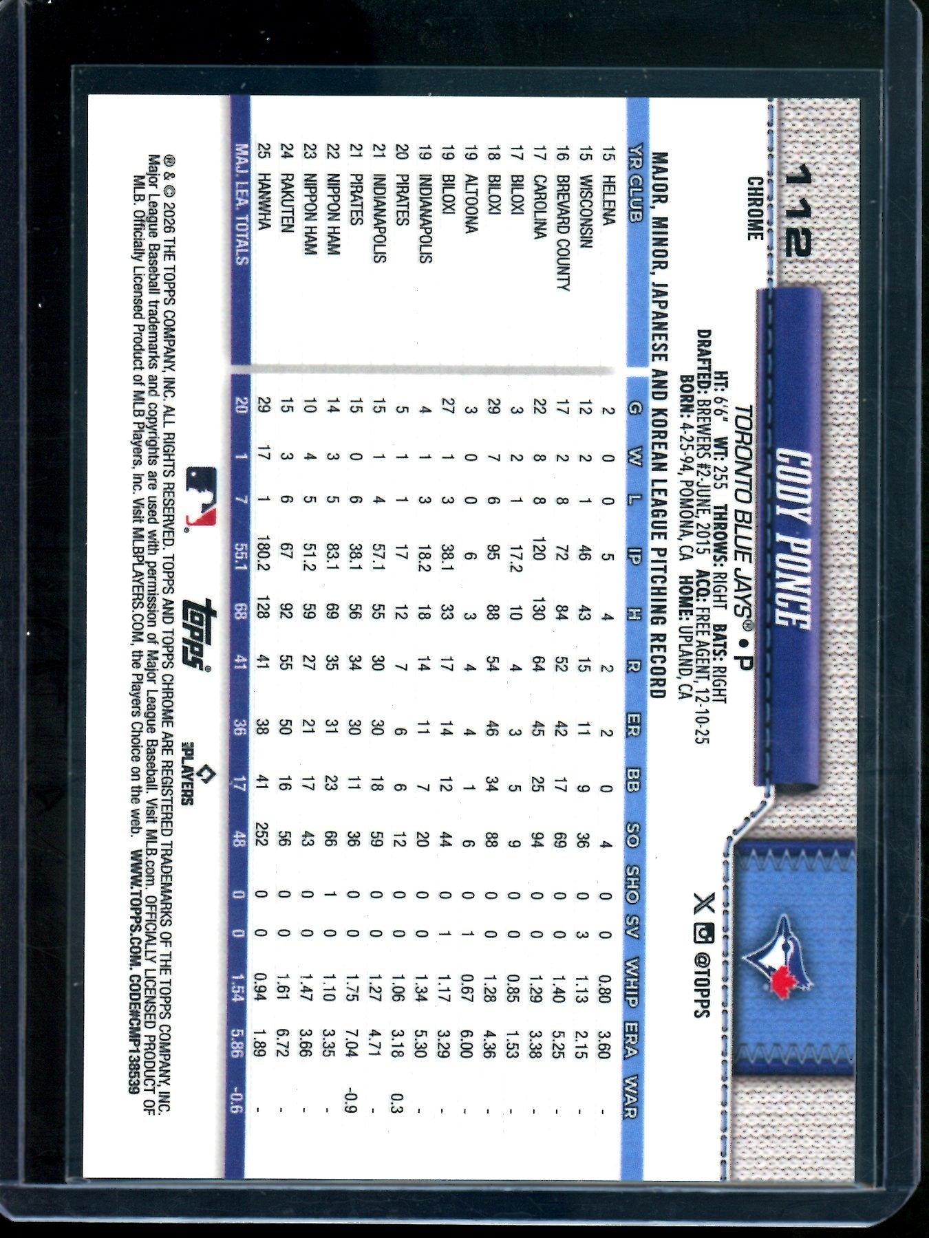 2026 Topps Chrome Cody Ponce Black Refractor Rookie /10 Blue Jays