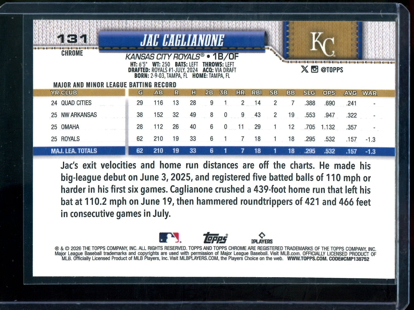 2026 Topps Chrome Jac Caglianone Rookie Image Variation Refractor Royals