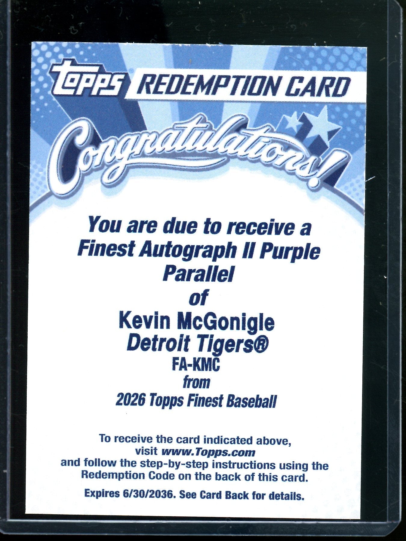 2026 Topps Finest Kevin McGonigle Finest Purple Auto II Redemption Tigers