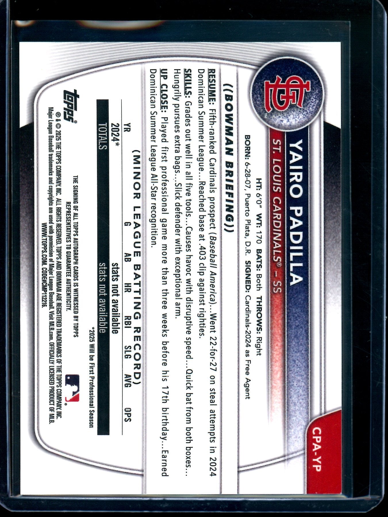 2025 Bowman Chrome Yairo Padilla Blue Raywave 1st Autograph /150 Cardinals