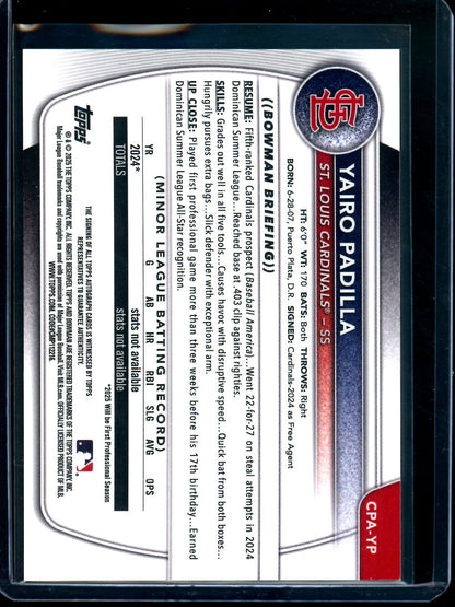 2025 Bowman Chrome Yairo Padilla Blue Raywave 1st Autograph /150 Cardinals