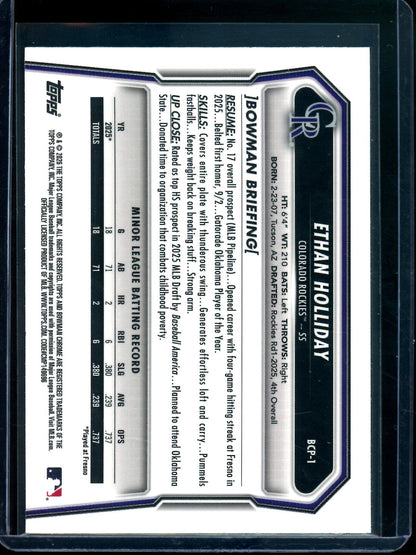 2026 Bowman Chrome Ethan Holliday 1st Mojo Maroon /275 Rockies
