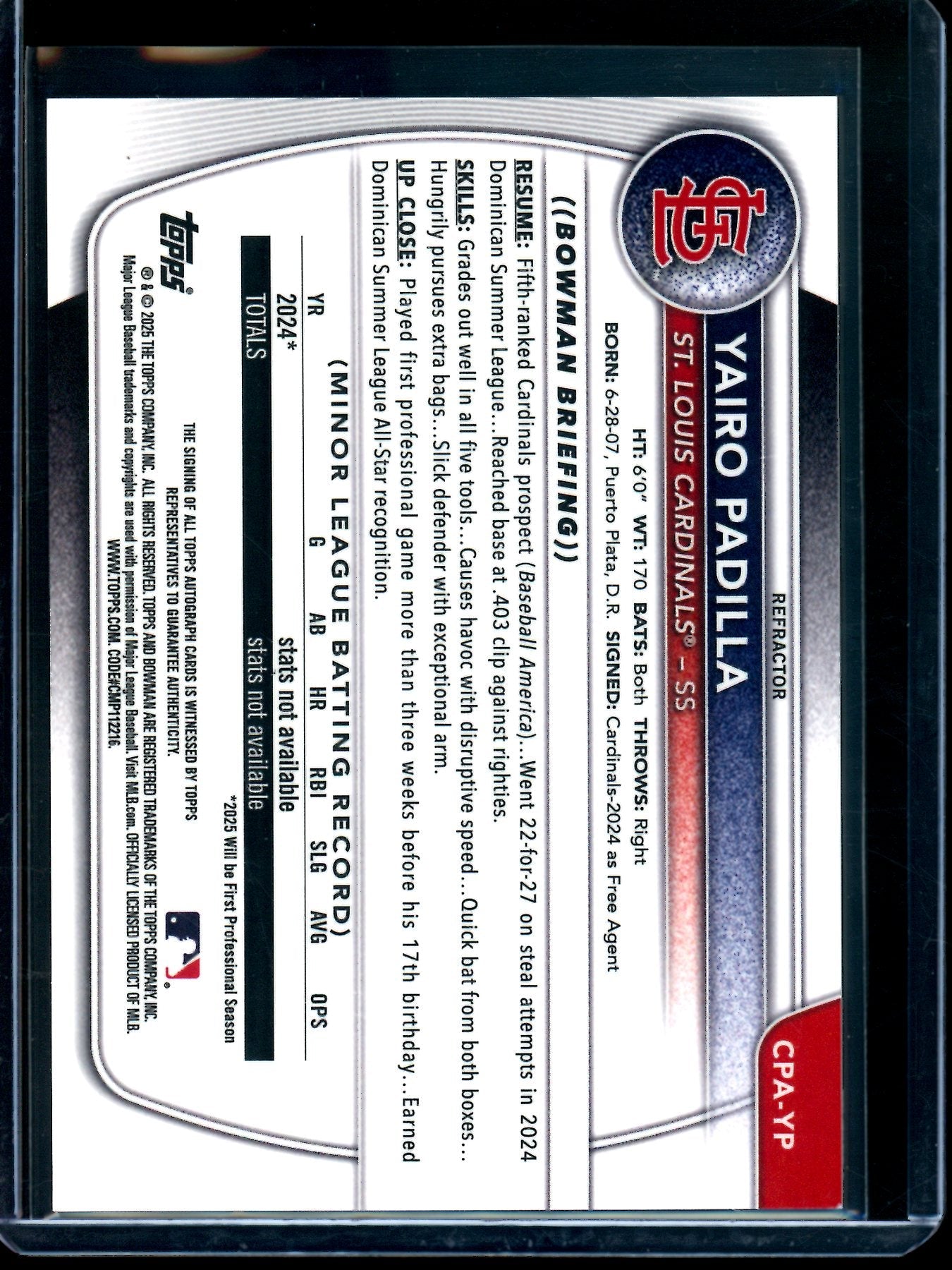 2025 Bowman Chrome Yairo Padilla 1st Refractor Autograph /499 Cardinals