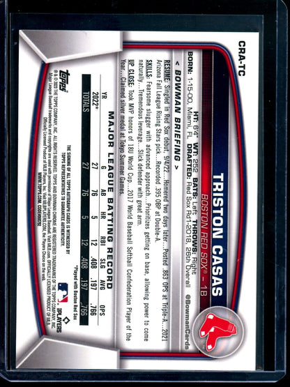 2023 Bowman Chrome Triston Casas Yellow Refractor Rookie Autograph /75 Red Sox