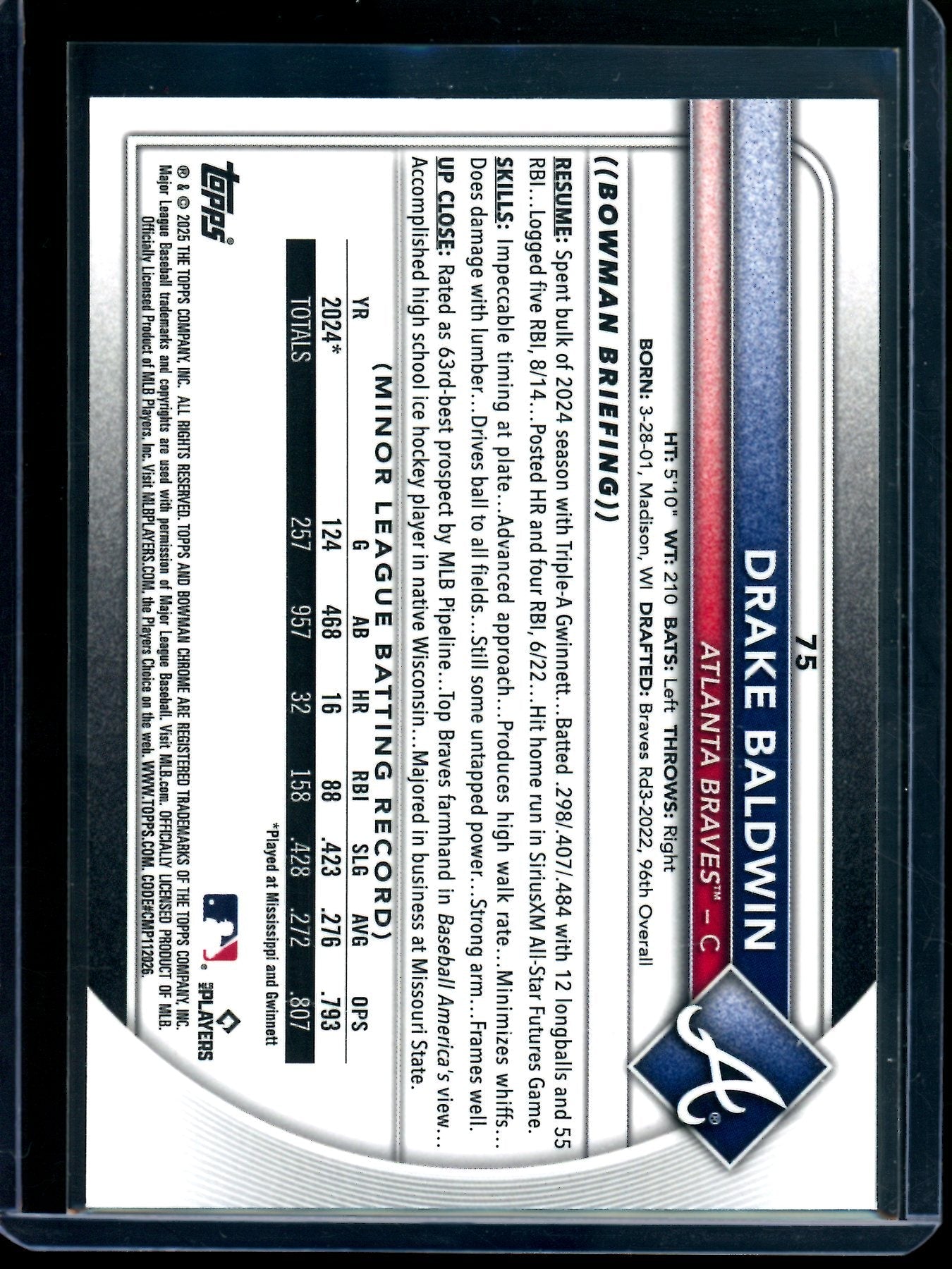 2025 Bowman Chrome Drake Baldwin Green Wave Rookie Refractor /99 Braves