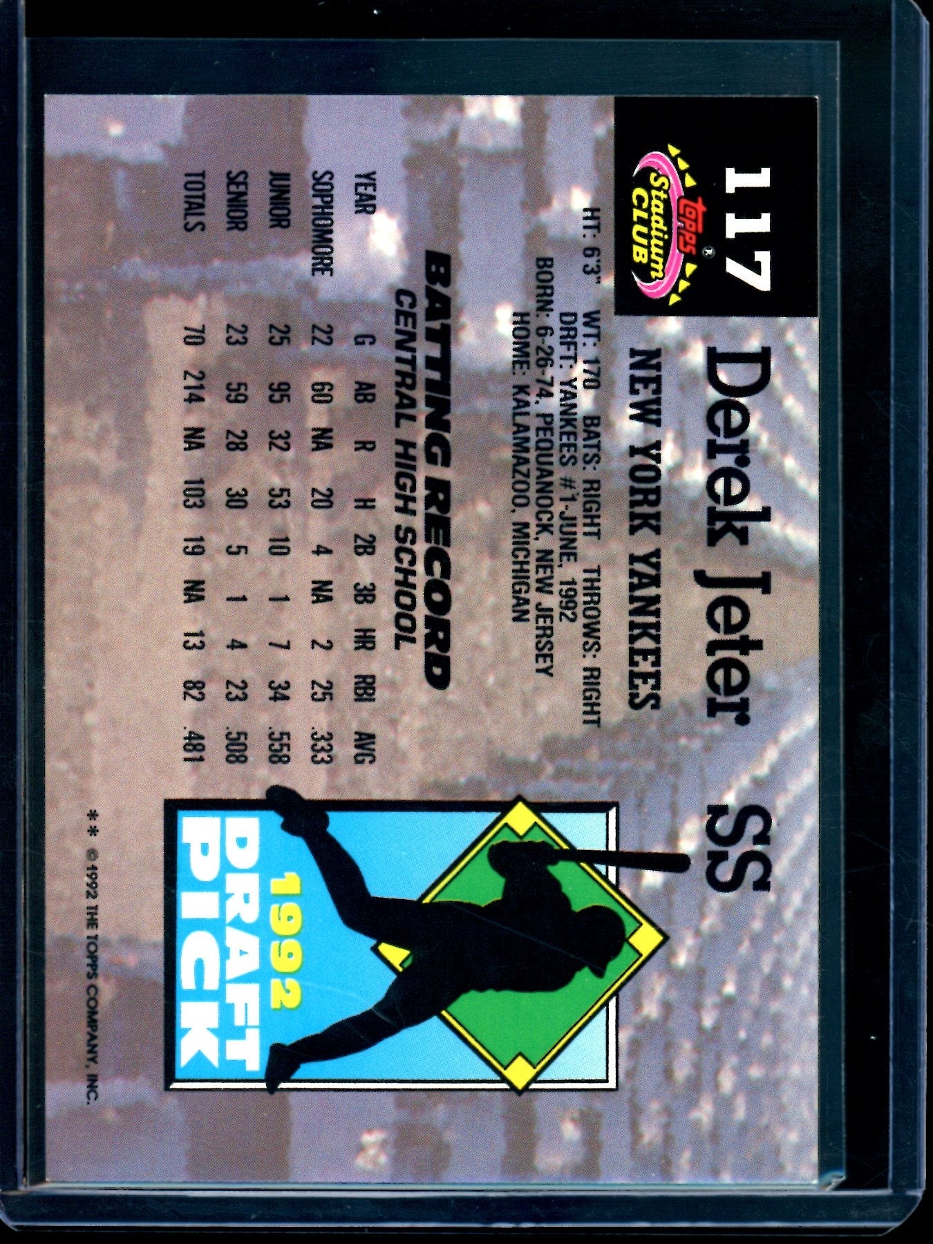 1992 Topps Stadium Club Derek Jeter Draft Pick Rookie Yankees