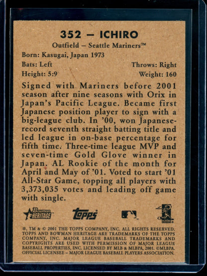 2001 Bowman Heritage Ichiro Rookie Card #352 Mariners