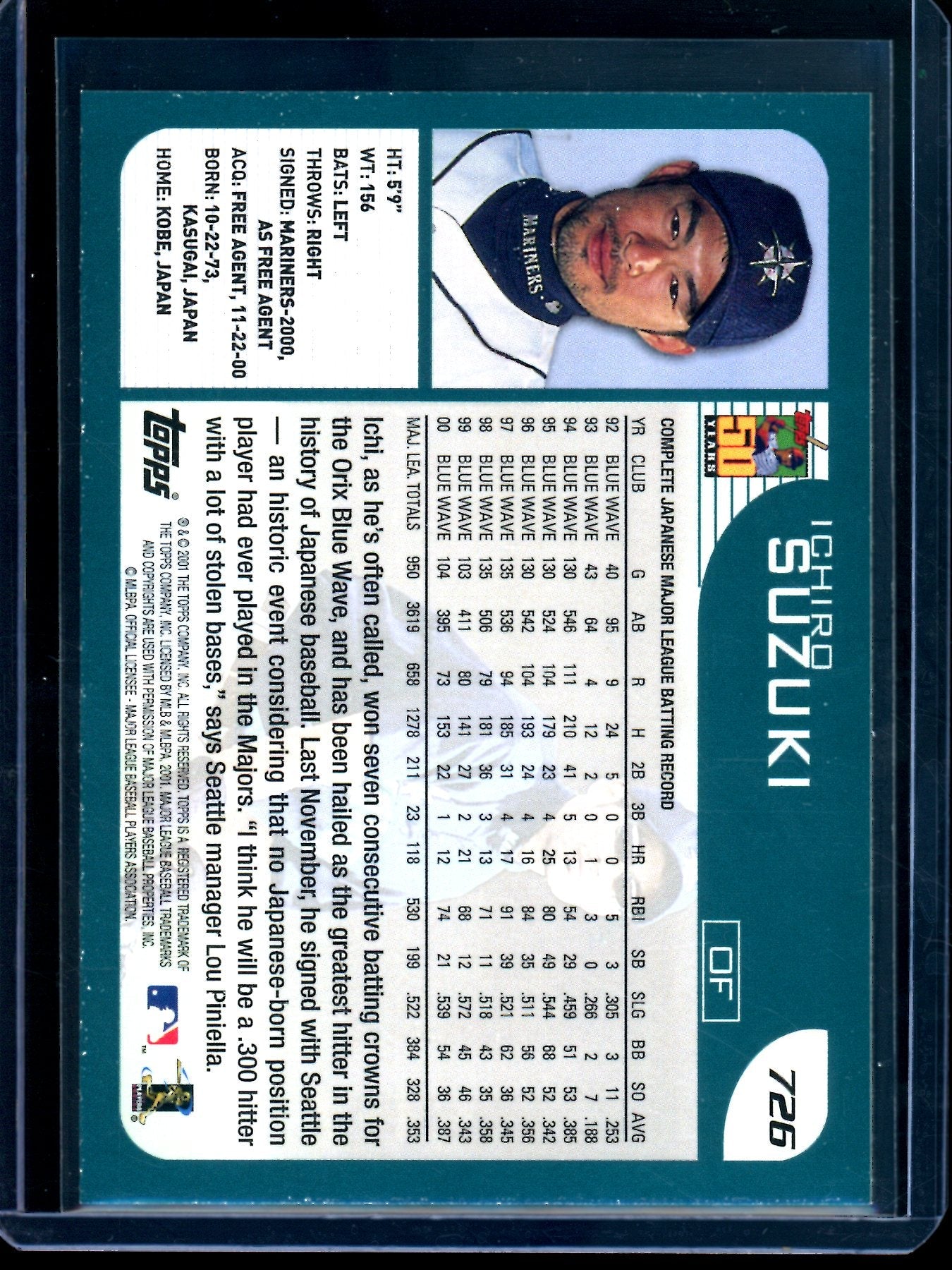 2001 Topps Flagship Ichiro Rookie Card #726 Mariners