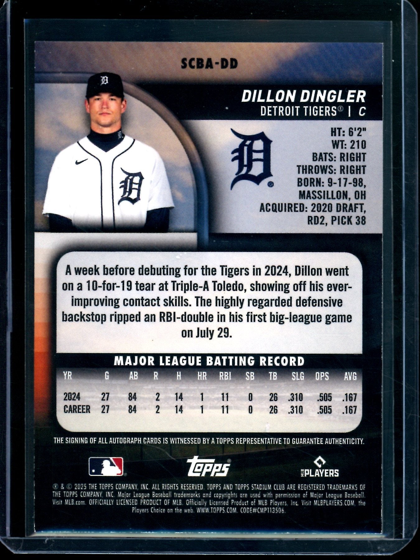 2025 Topps Stadium Club Dillon Dingler Rookie Autograph Tigers