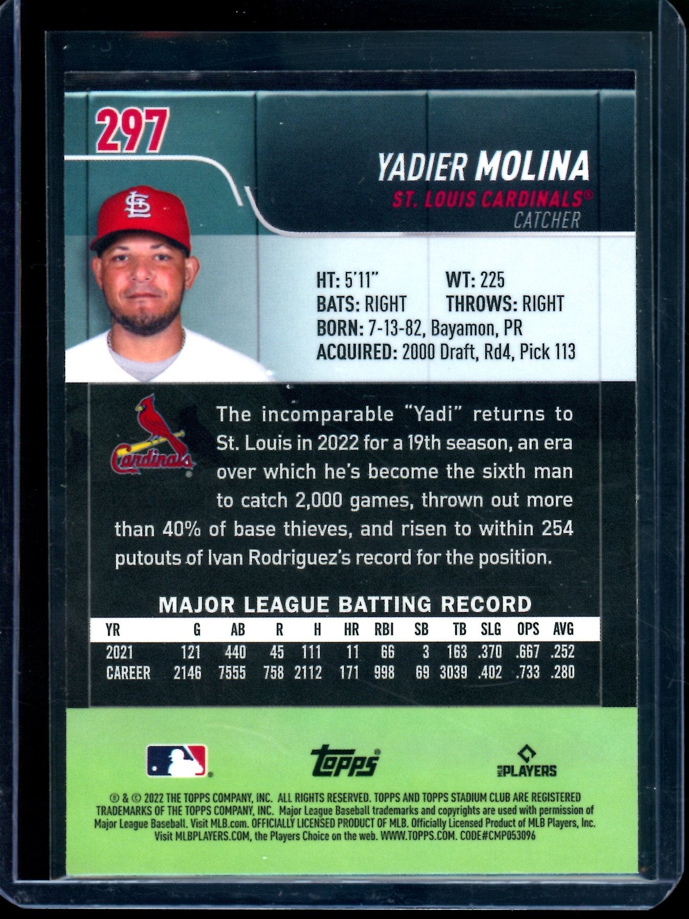 2022 Topps Stadium Club Chrome Yadier Molina Gold Minted SP Cardinals