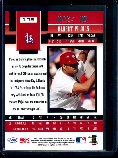 2003 Leaf Certified Albert Pujols Mirror Red Foil /100 Cardinals