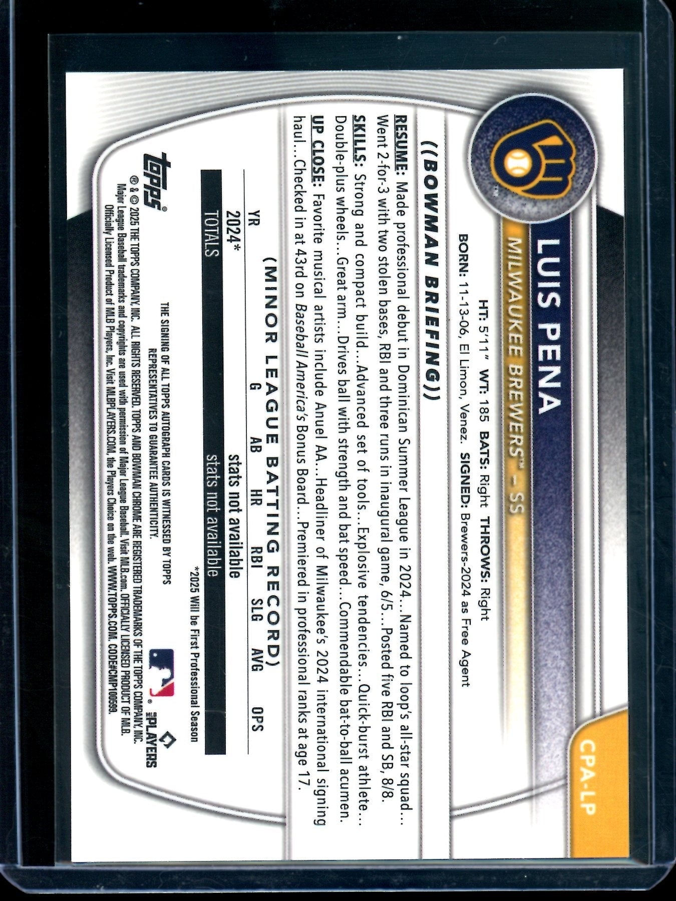 2025 Bowman Chrome Luis Pena 1st Autograph Brewers