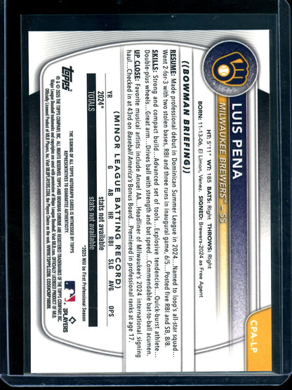 2025 Bowman Chrome Luis Pena 1st Autograph Brewers