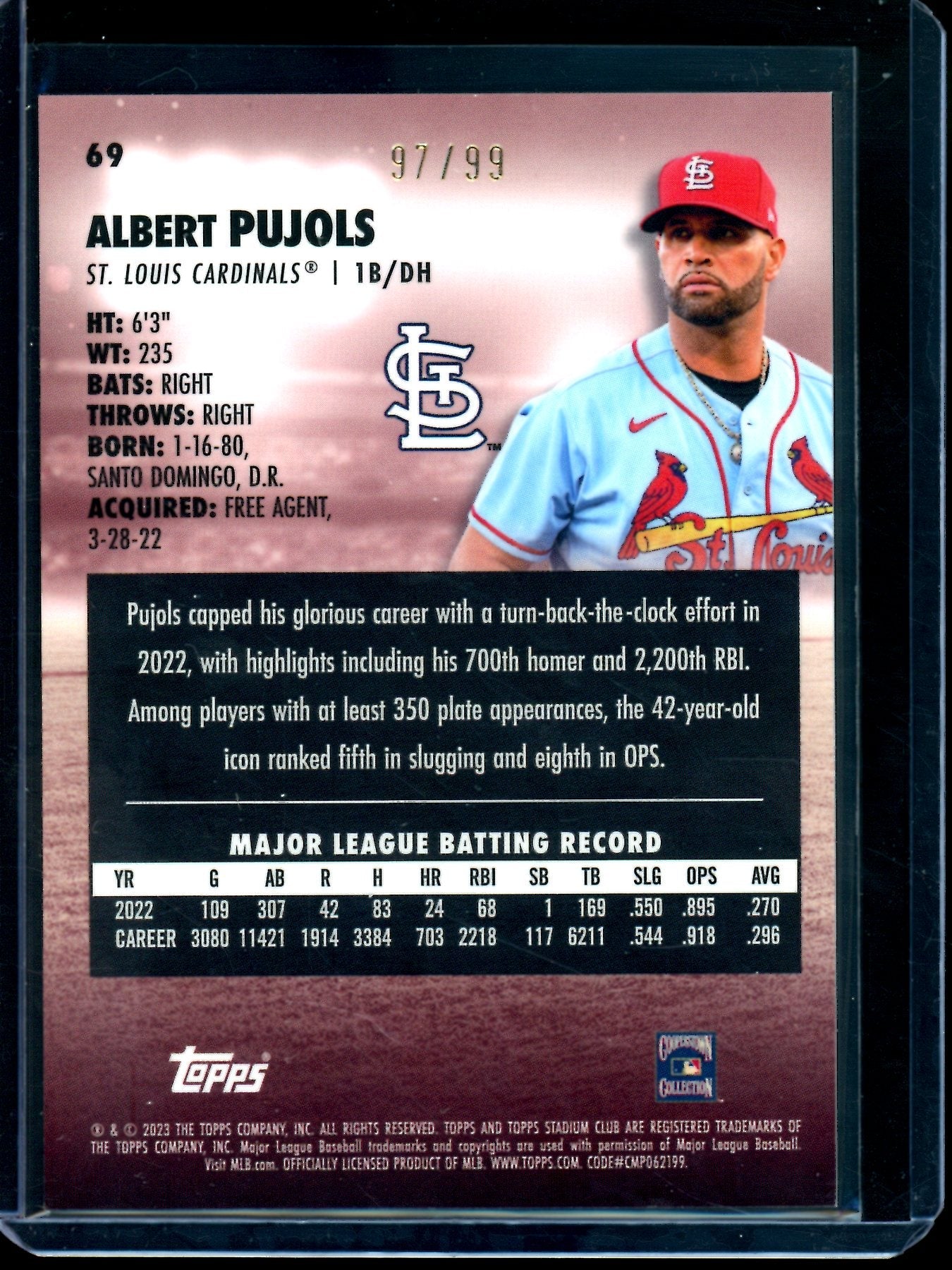 2023 Topps Stadium Club Chrome Albert Pujols Orange Refractor /99 Cardinals