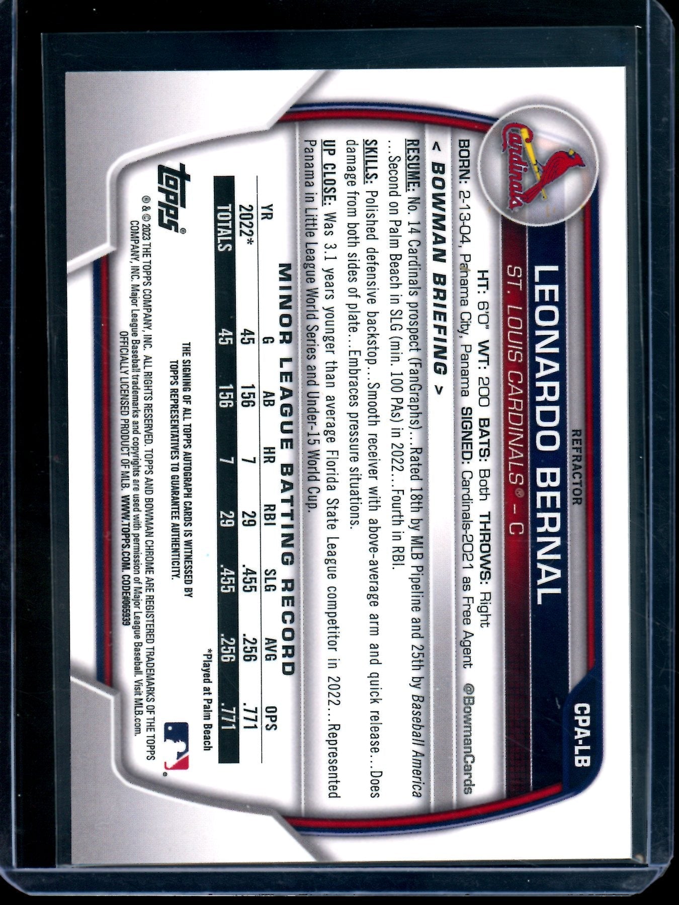 2023 Bowman Chrome Leonardo Bernal 1st Refractor Autograph /499 Cardinals