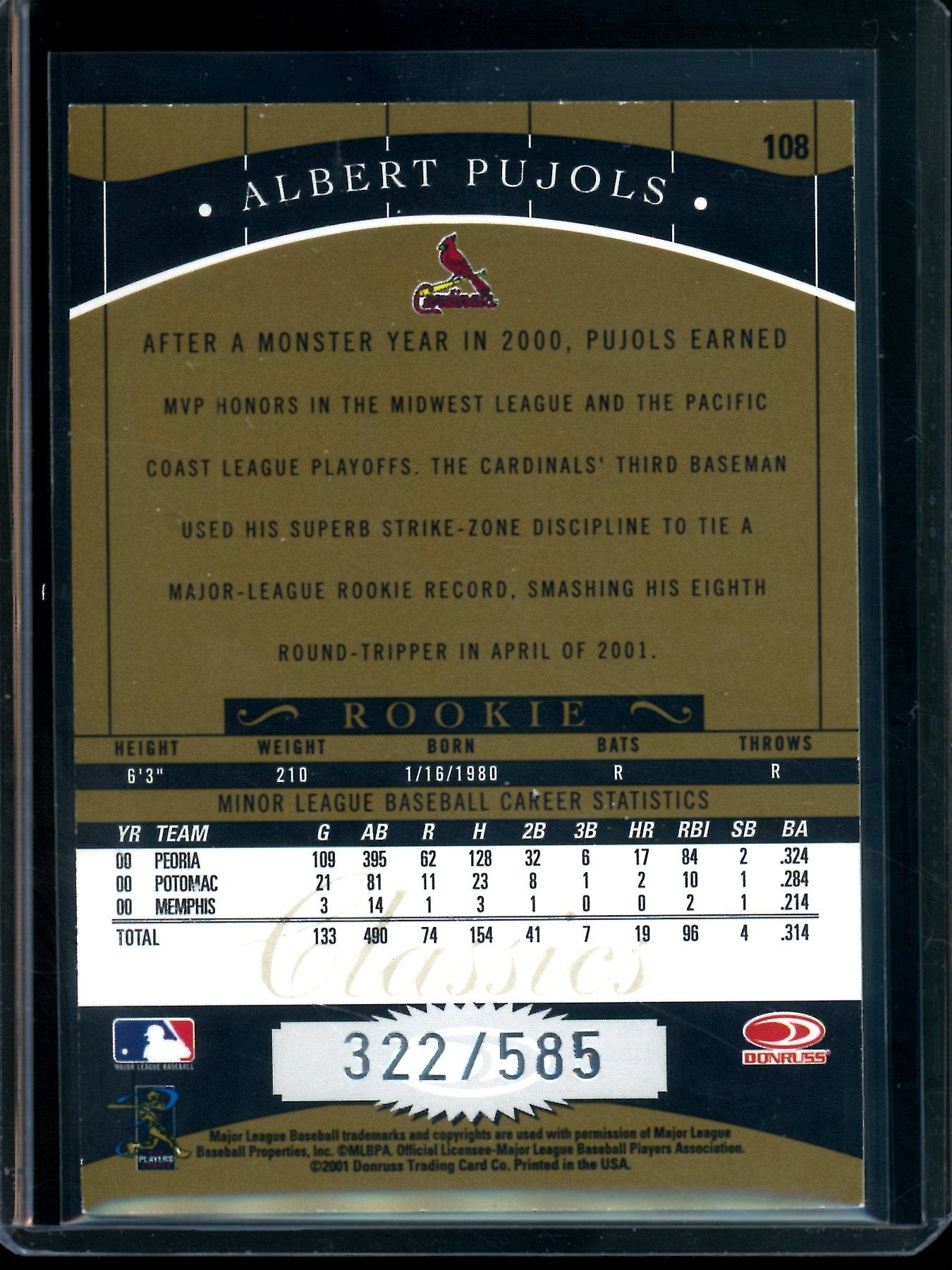 2001 Panini Classics Albert Pujols Rookie Gold /585 Cardinals