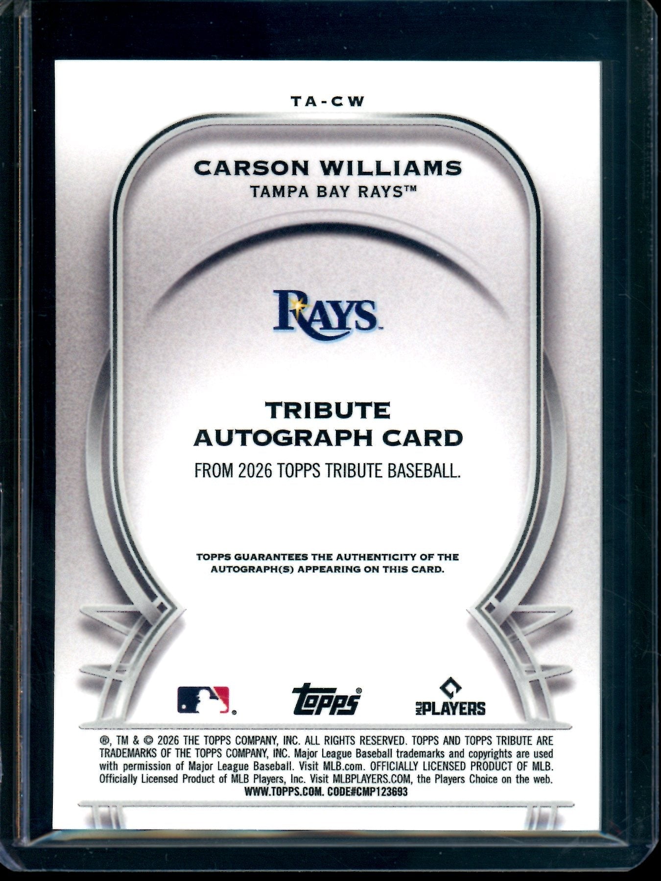2026 Topps Tribute Carson Williams Blue Rookie Autograph /150 Rays