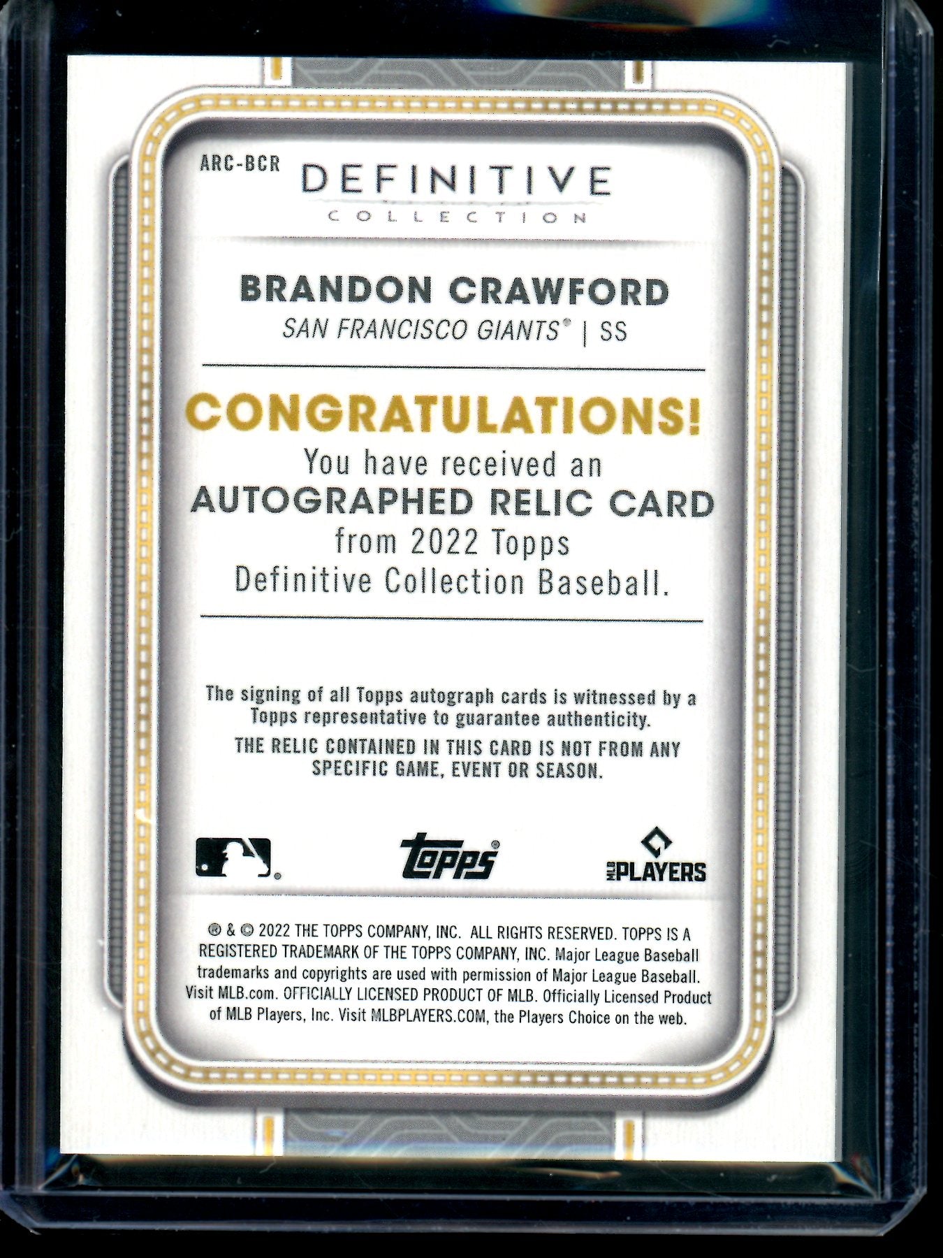 2022 Topps Definitive Brandon Crawford Autograph Relic /10 Giants